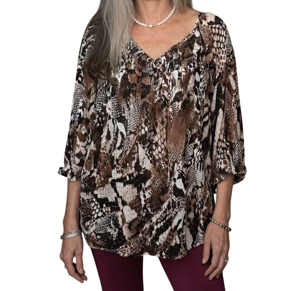 Faded Glory Women's Plus Size 1X (16W) Snakeskin Print Sheer Top Flowy Blouse
